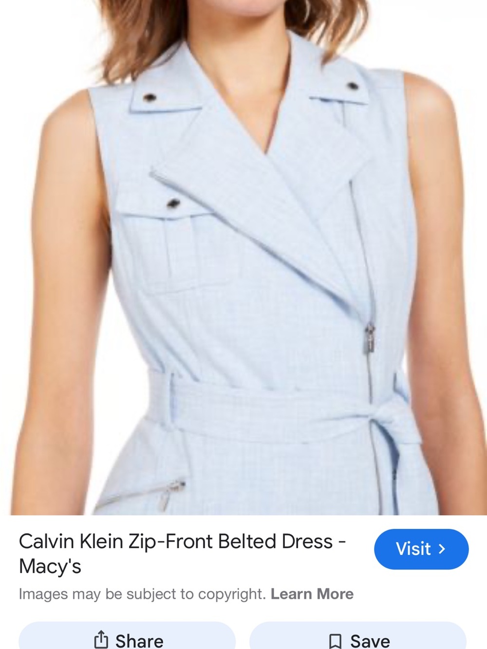 Calvin Klein Light Blue Sleeveless Zip-Belt Dress
